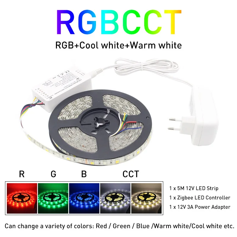 Beste Zigbee ZLL 5M 5050 SMD Link Slimme LED Strip Licht Set ZIGBEE RGBCCT RGBWW Controller LED Streep Tape Waterdicht IP65 DC 12V