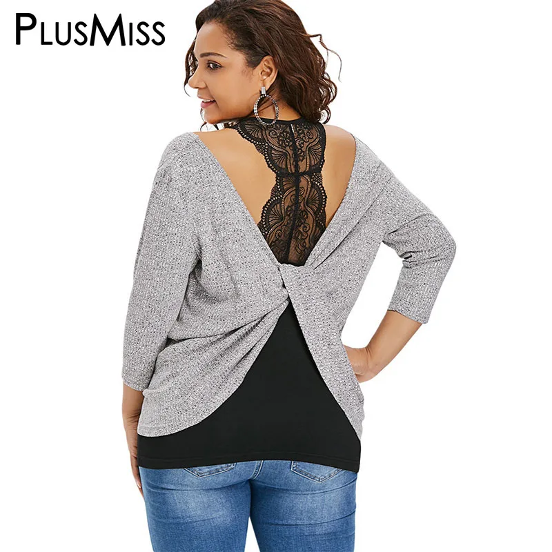 

PlusMiss Plus Size 5XL V Neck Lace Backless Knitted Tops Women Big Size Long Sleeve XXXXL XXXL XXL Open Back Blouse Autumn 2018