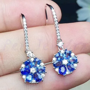 

Sapphire drop earring Free shipping Natural real blue sapphire 925 sterling silver 0.35ct*2pcs gemstone Flower style #YB18091007