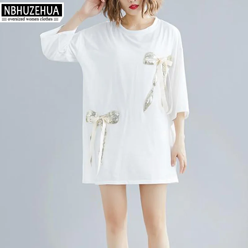 

NBHUZEHUA T Shirt Women 2019 Cotton Bow-Knot Sequin Half Sleeve Tee Shirt Femme Plus Size Black Top White Tshirt 4XL 5XL 19-D166
