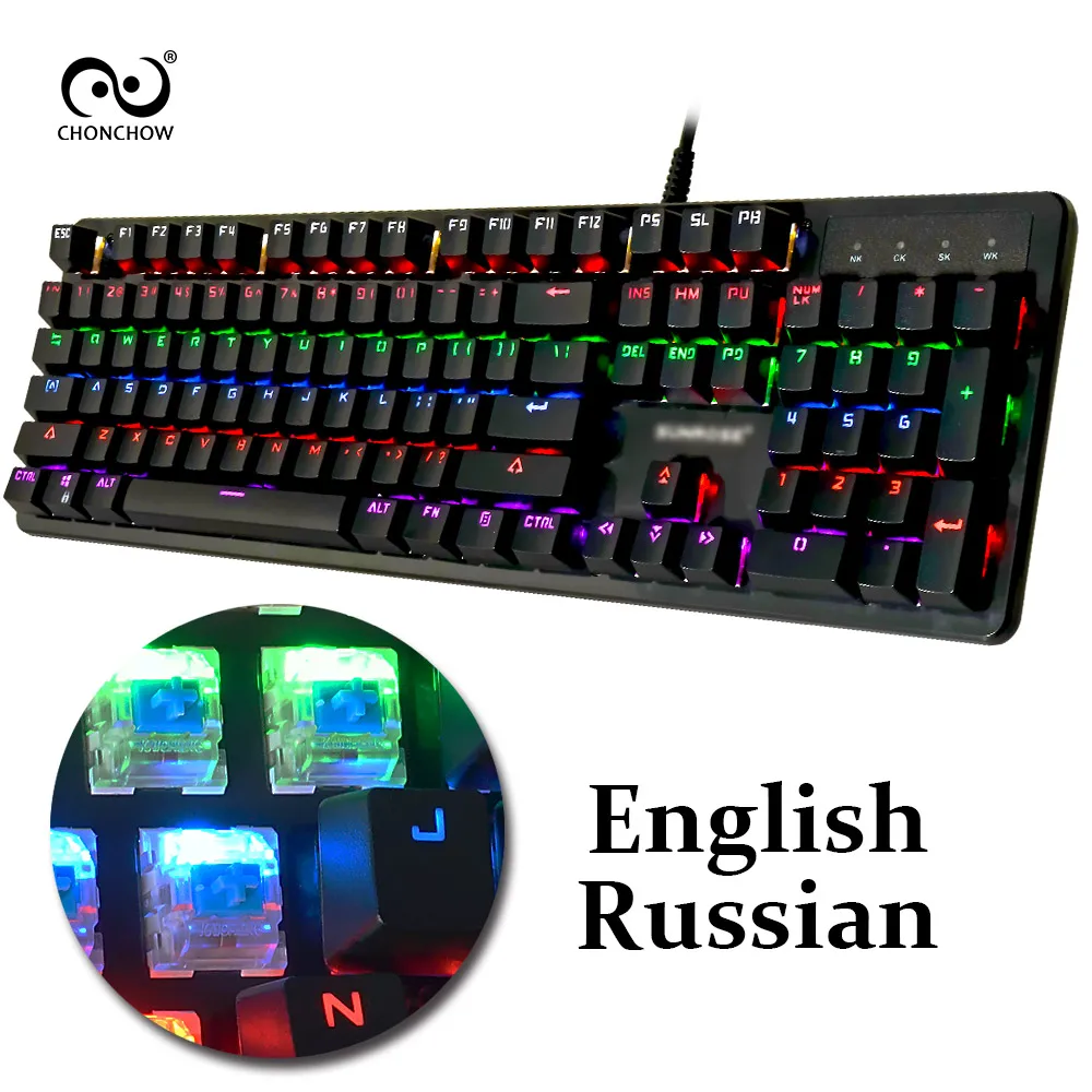 Mechanical Keyboard LED Backlit 104 Keys Blue Switch Gaming Keyboards Metal Keyboard English Russian Layout Anti 1