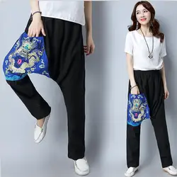 2019 женские весенние винтажные хлопковые и льняные длинные брюки Инди фолк свободные вышитые сплайсированные брюки с эластичной талией