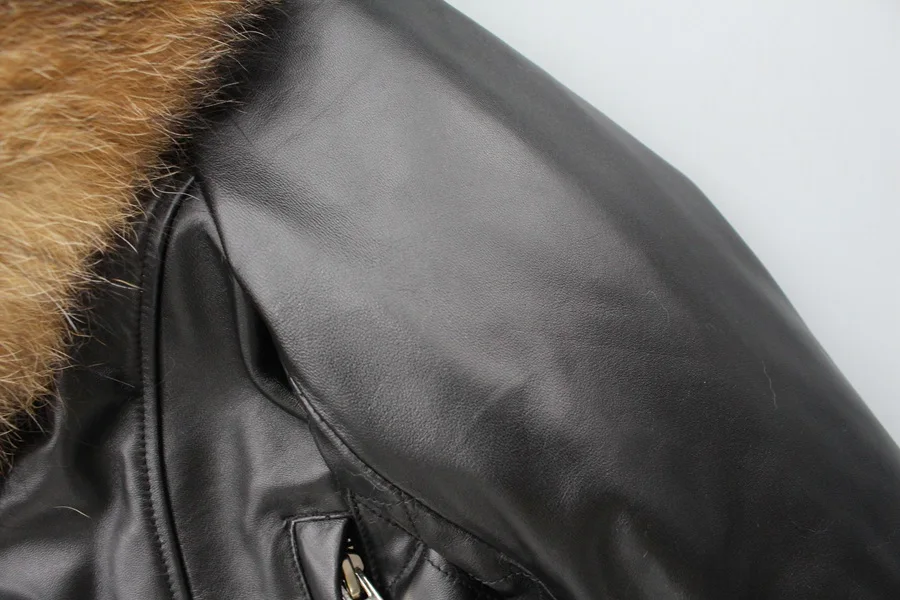 genuine sheepskin leather jacket with real big raccoon fur collar (16)