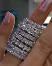 925 prata pavimentar definir quadrado completo simulado diamante cz eternity banda noivado casamento anéis de pedra tamanho 5,6,7,8,9,10,11,12