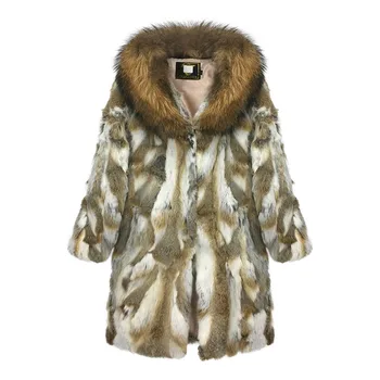 

NEW Real Rabbit Fur Coat With Big Raccoon Fur Collar Women Full Pieces Of Natural Rabbit Fur Coats Thick Warm Overcoat Outerwear