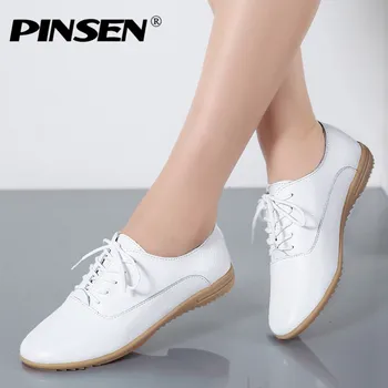 

PINSEN 2020 Spring Women Flats Shoes Women Genuine Leather Shoes Woman Loafers Lace-up Ballet Flats Ballerines Flats White Shoes