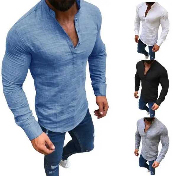 

Men's Solid Color Shirt Long Sleeve Stand Collar Half-open Button Slim Casual Top Men's Street Wear Camisa Masculina