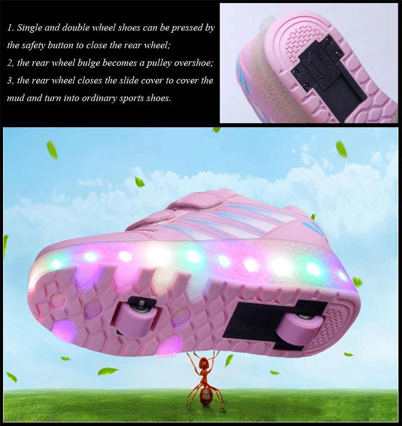Детские Heelys светодиодные кроссовки с одним двойным колесом для мальчиков и девочек роликовые катания повседневная обувь с роликами детские спортивные ботинки для девушек