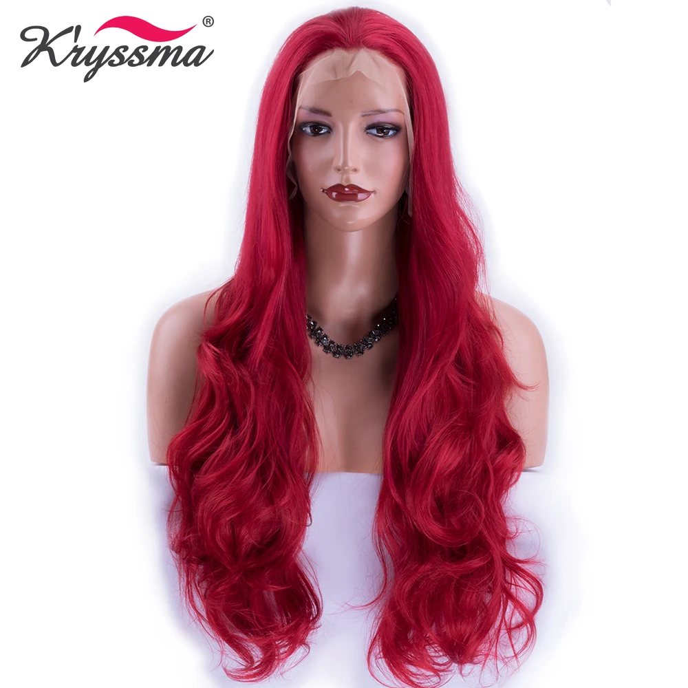 Hot Red Synthetic Lace Front Wig Red Glueless Free Part 22 Inch Long Wavy Wigs for Women Natural
