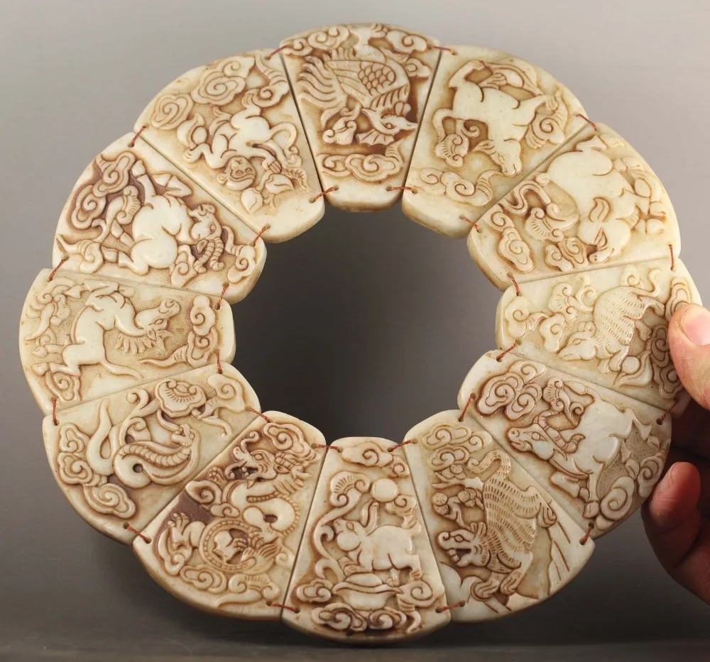 

12 in 1 Chinese natural jade hand-carved statue zodiac bi plate pendant 8 inch