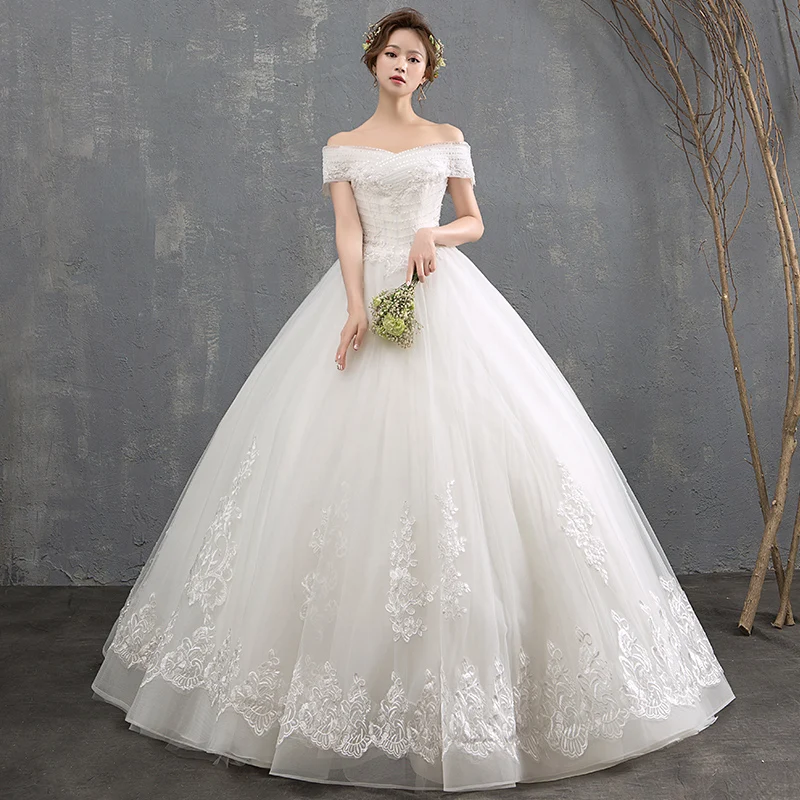 

White Boat Neck Short Sleeve Fashion Wedding Gowns Hiqh Quality Floor Length Embroidery Simple Wedding Frock vestito da sposa