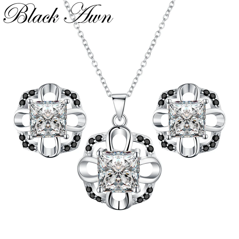 

[BLACK AWN] Vintage 925 Sterling Silver Jewelry Sets Women's Necklace Pendant Earrings Set Silver 925 Jewelry Z005
