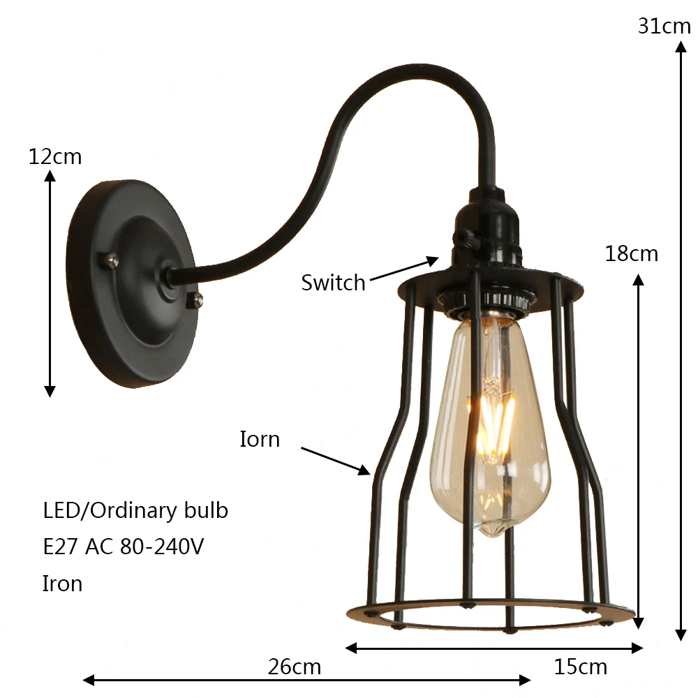 Винтаж гладить черный настенный светильник светодио дный E27 сельской местности промышленных настенный светильник для спальни офис проход коридор ресторан Санузел бар