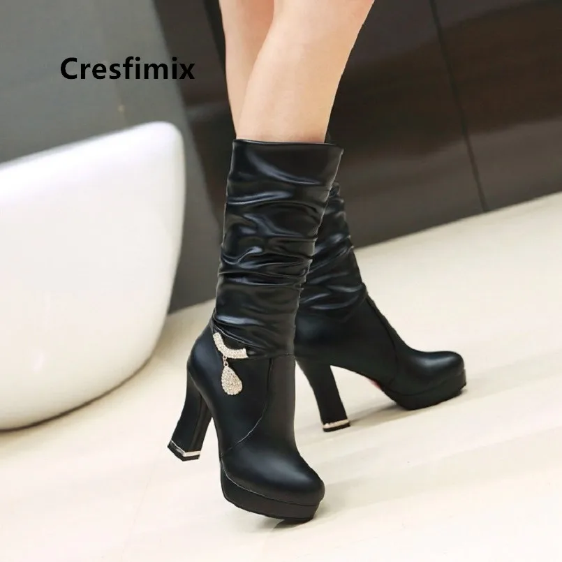 

Cresfimix bottes femmes women fashion high quality black pu leather long boots lady casual white boots female autumn boots a6024