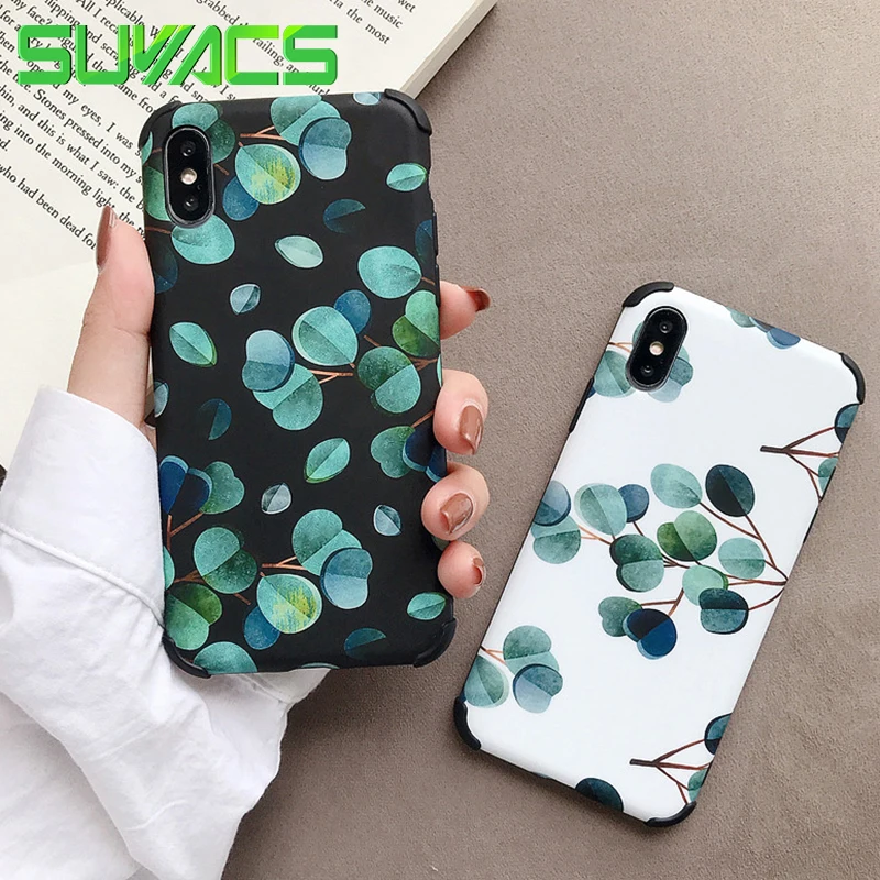 

SUYACS Leaves Pattern Case For iphone XR XS MAX X 6S 6 7 8 Plus Anti-knock Plant Protector Soft IMD Phone Back Cover Cases Coque