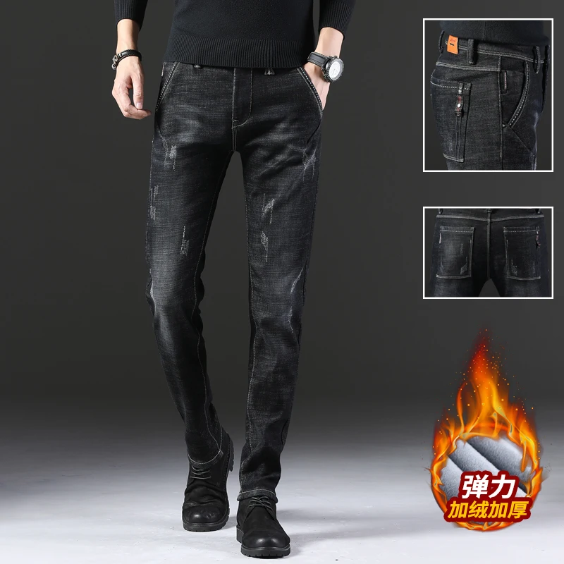 High Quality Men Winter Black Denim Jeans Wool Liner Thicker Warm Jean Pants New Men Stretch Fleece Winter Denim Jeans Size 38