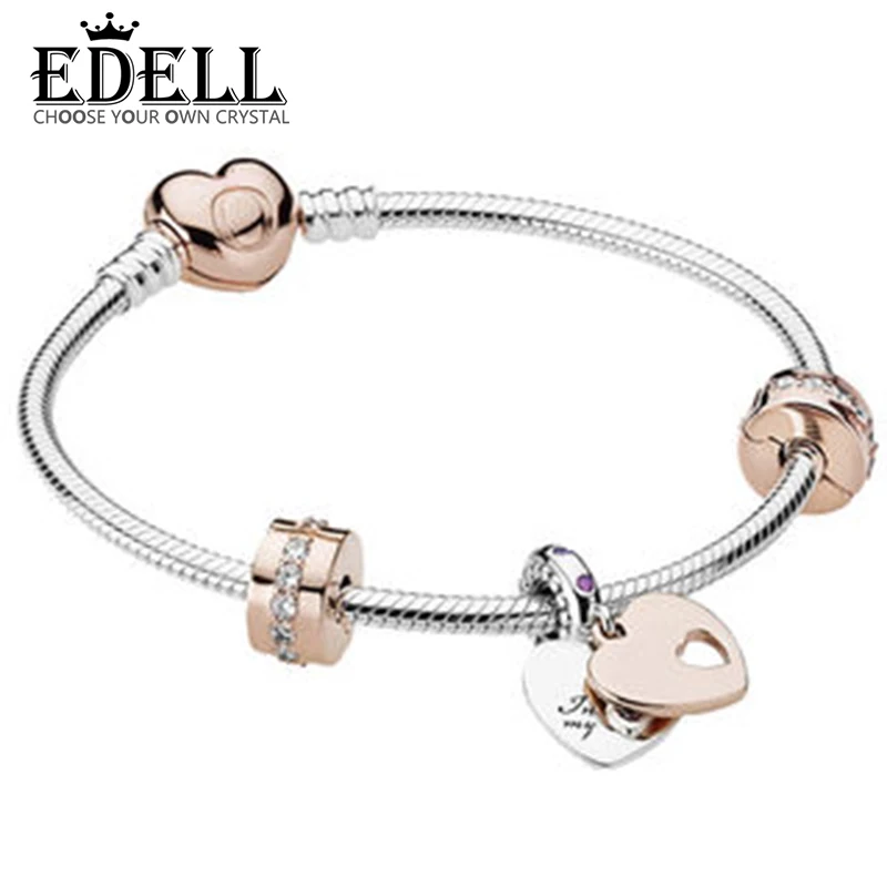 

EDELL 100% 925 Brand New 1:1 Charm Elegant Zircon Enchanting Heart Pendant & Rose Gold Bracelet Set For DIY Gifts