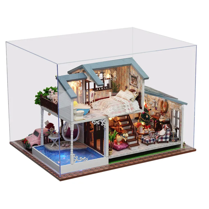 

House Model DIY London Holiday Dollhouse With Cover Light Pink Car Music Intelligence Children Gift Collection Christmas Gift