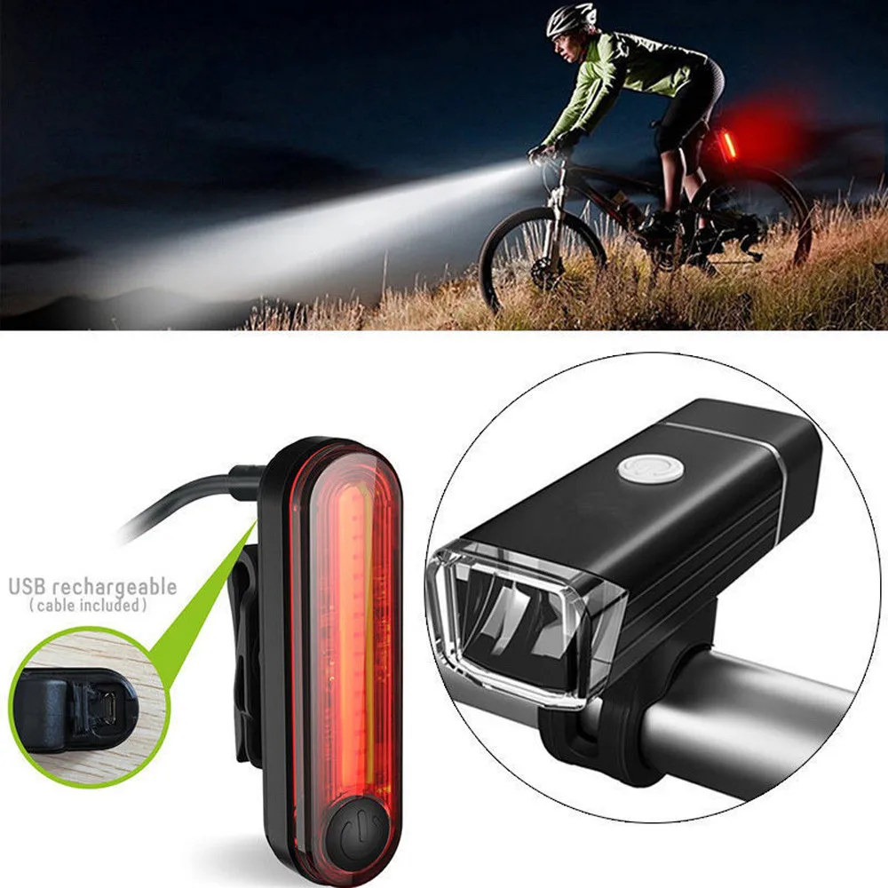 USB LED Rechargeable Bike Bicycle Light Set Mountain Cycle Front Back Headlight
