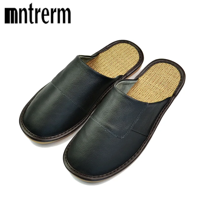 Acheter Mntrer 2018 Véritable En Cuir Hommes Printemps Et Automne Pantoufles de Lin Fond Maison Pantoufles Hommes Intérieur Plat Pantoufles Diapositives De Base