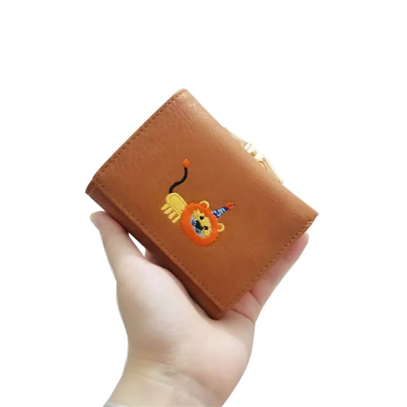 

Women's Wallet Lovely Cartoon Embroidery Lion Short PU Leather Female Small Coin Purse Hasp Zipper Purse Card Holder For Girls