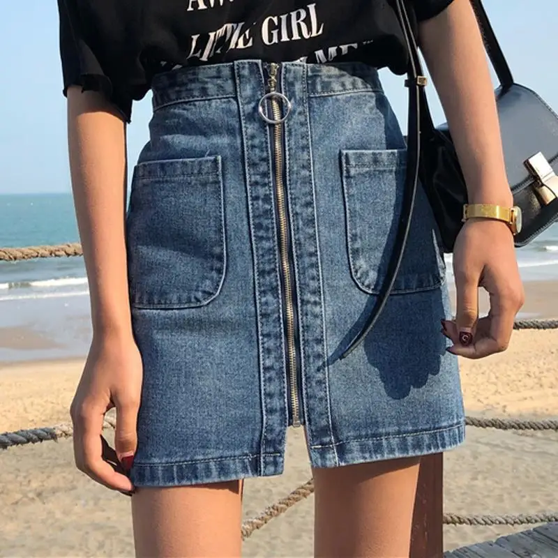 

Zoki Fashion zipper denim women mini skirt summer high waist A-line female blue jeans casual Korean high quality mujer skirt
