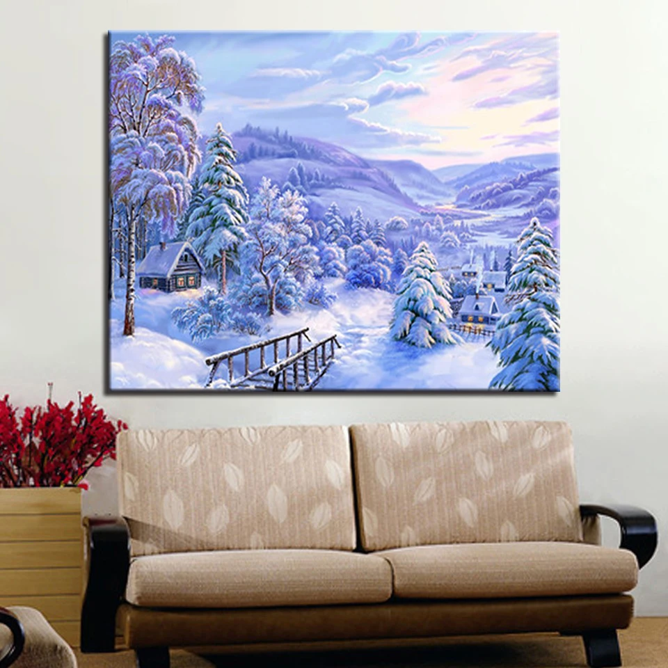 DIY-Oil-Painting-By-Numbers-Kits-Coloring-Handpainted-Winter-Forest-House-Building-Canvas-Pictures-Home-Decor