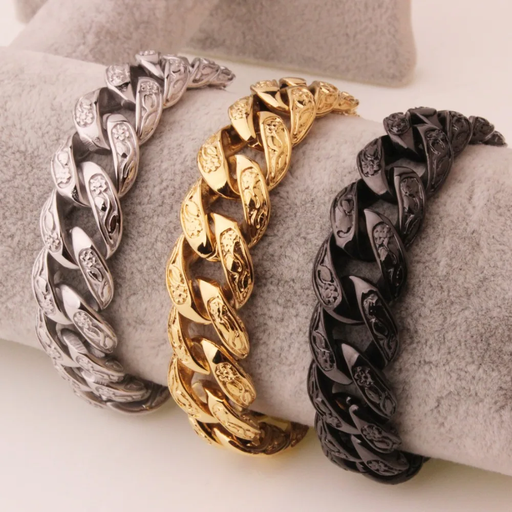 

Top Design High Quality 316L Stainless Steel Silver/Gold/Black Flower Shape Cuban Chain Men's Bracelet Bangle Cool Jewelry 8.66"
