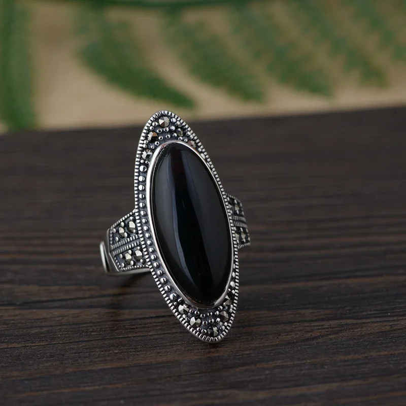 Настоящее чистое 925 Серебряное женское кольцо, большое античное кольцо для женщин, натуральный черный оникс, элегантное ювелирное изделие