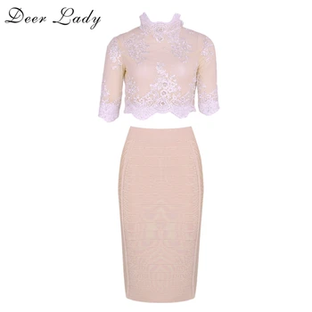 

Deer Lady 2 Piece Bandage Set 2017 New Arrivals High Quality Lace Top And Dress Set Rayon Bandage Set Women Wholesale HL