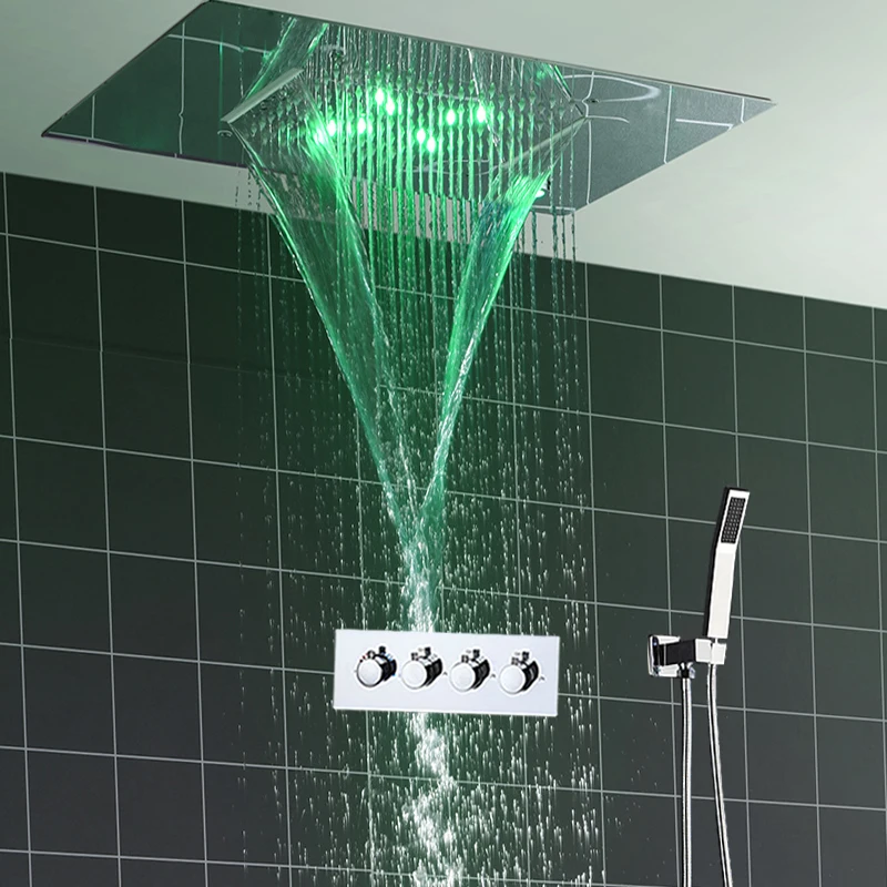 

Luxurious LED Rainfall Shower Faucets Set Bathroom Concealed Ceiling Waterfall Showerhead Thermostatic Bath Diverter Valve