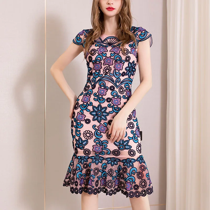 

PIXY Summer High Quality Luxury Embroidery Mermaid Dress Women Purple Floral Midi Ladies Dresses Sexy vestidos Short Sleeve Lace