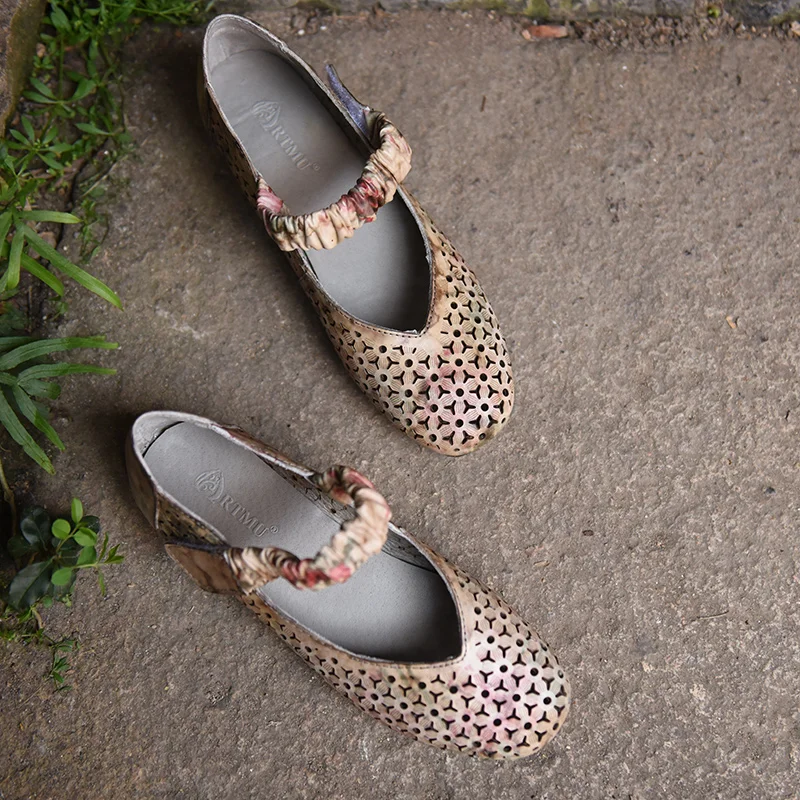 Chaussures Nouveau 7 Peu Doux Bout Fond Peau Creux Carré Femmes Vache Plat À Tea De 368 Profonde Été Bouche La D'origine Artmu Main Rétro 5q3A4RcjL