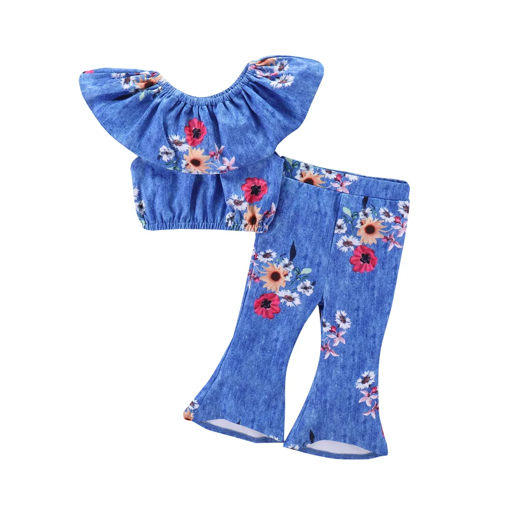 

1-6t Kids Girl Fashion Clothes Set Cowboy Style Rose Flower Printed Sleeveless Top+pants Toddler Lotus Round Collar Outfits