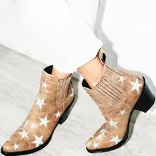 Горячая осень Ретро Смешанные Цвет звезды исправленными полусапожки «Martin» массивном среднем каблуке Для женщин с острым носком эластичный скольжения на Famale Bottines