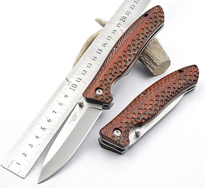 LLxxmm Outdoor Survival Folding Knife 420 Blade Wood Handle Tactical