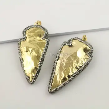 

New Arrival 5Pcs Gold Color Arrow Shape Natural Gem Stone Pendant, with Crystal Rhinestone Paved Pendants
