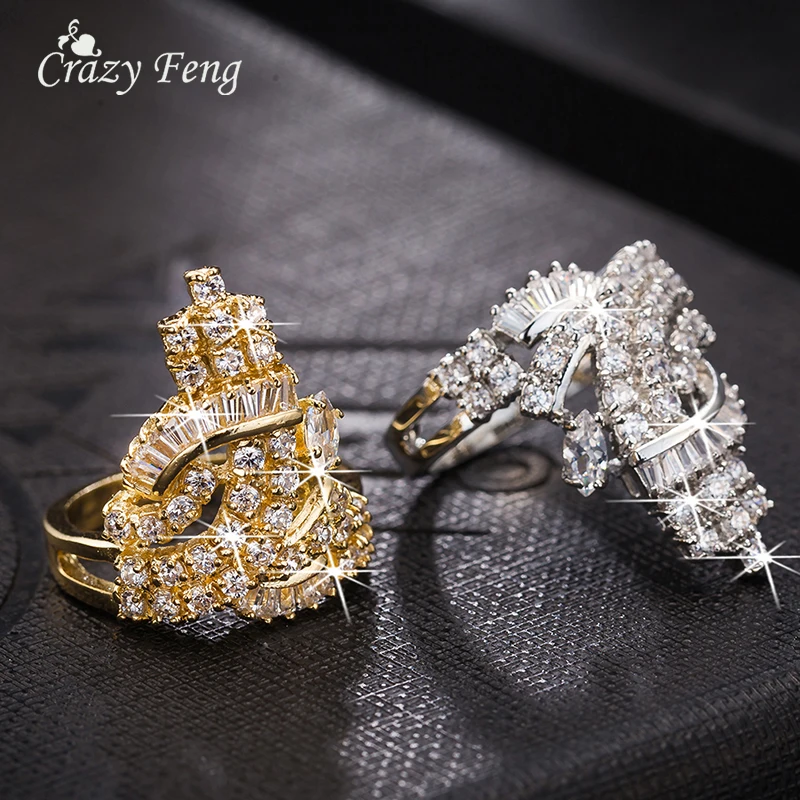 Fashion Jewelry Luxury Gold-color Crystal Geometric Shape Bridal Engagement Wedding Ring For Women Cubic Zirconia Jewelry Rings
