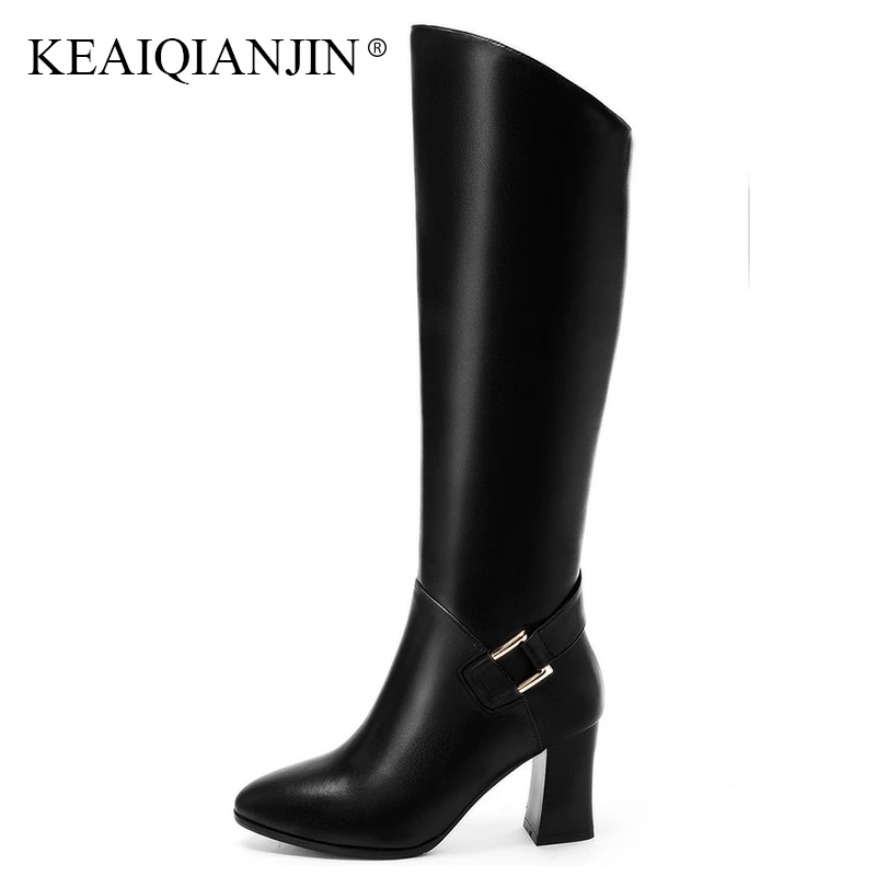 

KEAIQIANJIN Fashion Black Woman High Heeled Shoes Winter Knee High Boots Plus Size 33 Genuine Leather Chelsea Knee High Boots