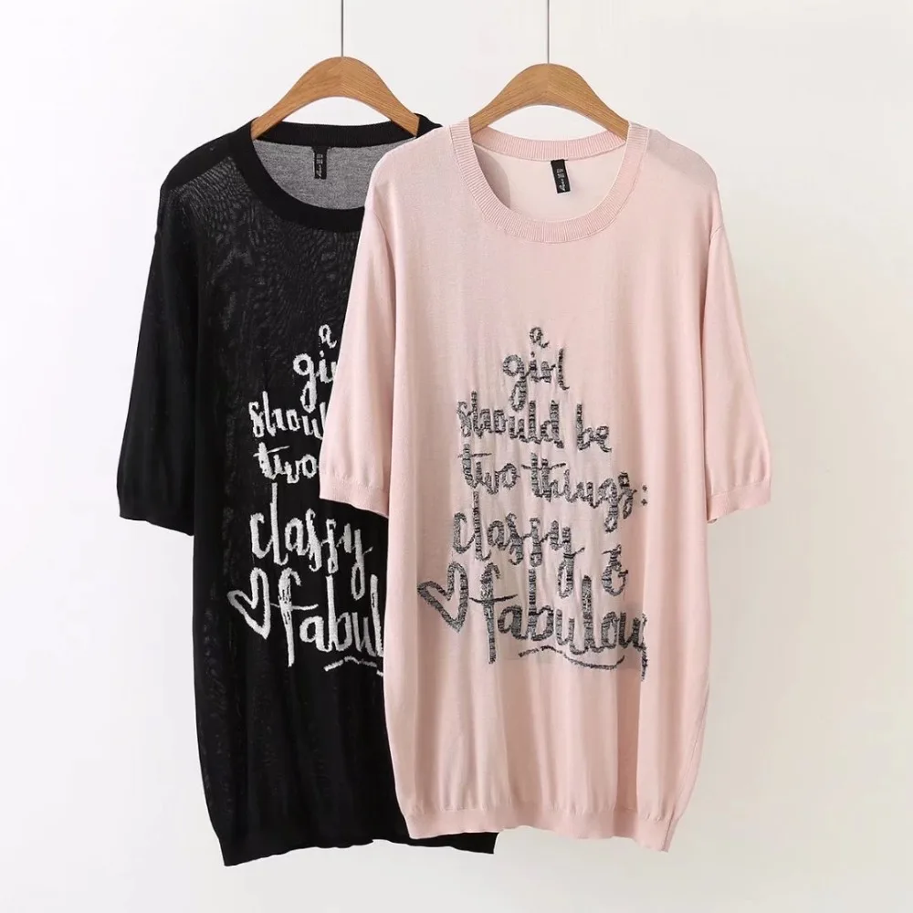 

Plus size short sleeve O-Neck women t shirt 2018 pink & black letter knitted t-shirt women tops tshirt summer tee shirt femme