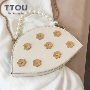 

TTOU Fashion Women Handbag With Pearls Handle Quality Leather Chain Female Shoulder Bag With Flower Ladies Messenger Bag Sac