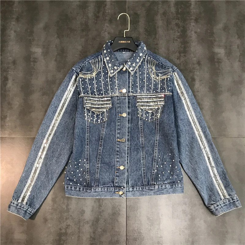 

2019 spring and summer new heavy work double pocket sequins rhinestone beaded versatile denim short coat