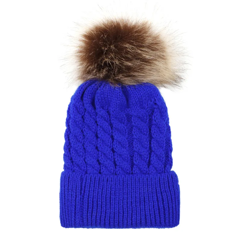 Зимние шапки для детей, вязаная шапочка, детская шапка, детские меховые шапки с помпонами для девочек и мальчиков, теплая шапка - Цвет: Тёмно-синий