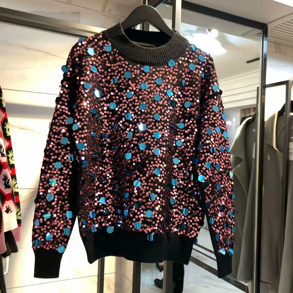 

Vintage Beaded Runway Sequin Sweater Winter Clothes Women Harajuku Black Sweaters 3D Beaded Jumpers Ladies Shiny Top Pullover