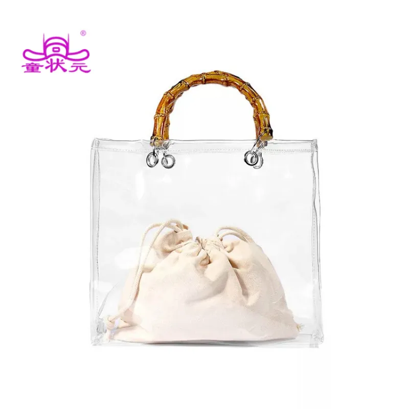 

Retro Bamboo Wrist Transparent Bag Women Handbags Fashion Pvc Clear Jelly Bags Lady Bowknot Jelly Handbags Chic Messenger Bags