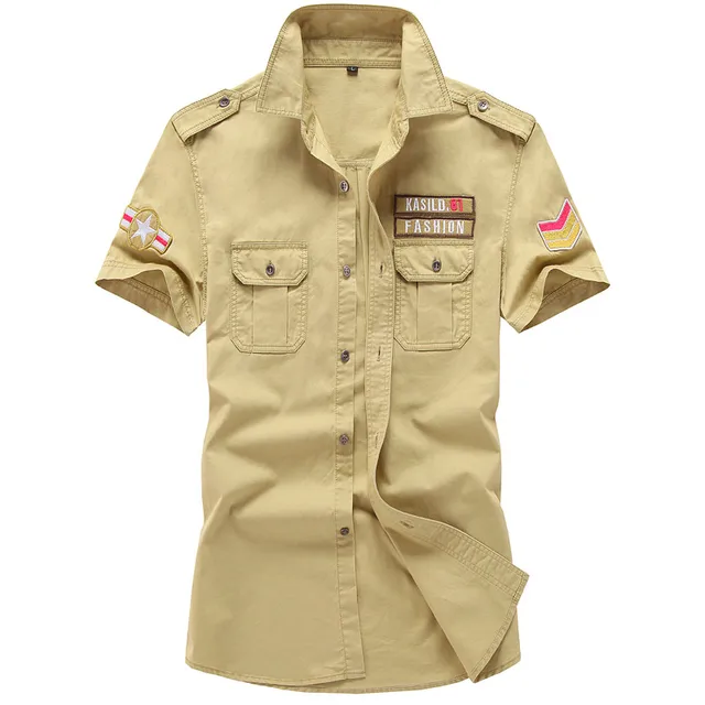 Men dress shirts Short Sleeve Military Shirts Cotton army badge