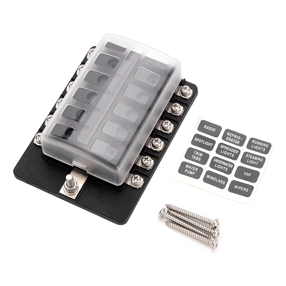 12 Way Blade Fuse Box Holder Fuse Blocks LED Indicator 10Pcs Fuses 10Pcs Terminals for Car Boat Marine Caravan Truck 12V 24V