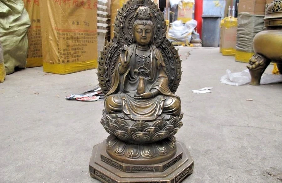 

16"China Buddhism old Copper Bronze lotus flower Kwan-yin Boddhisattva statue