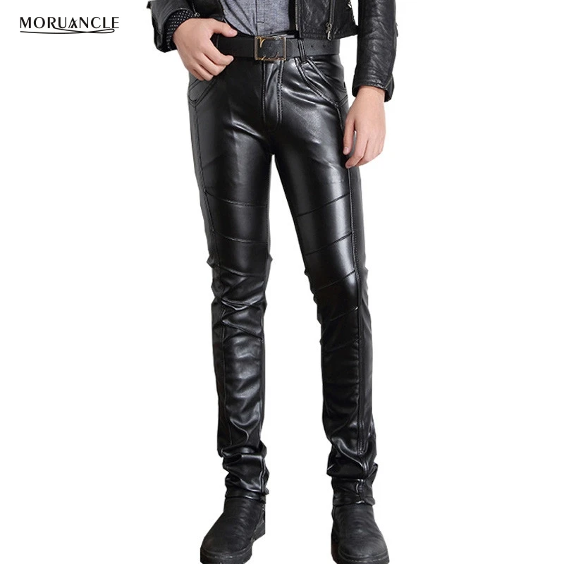 MORUANCLE Men's Black Leather Pants Super Skinny Motorcycle Biker Faux ...