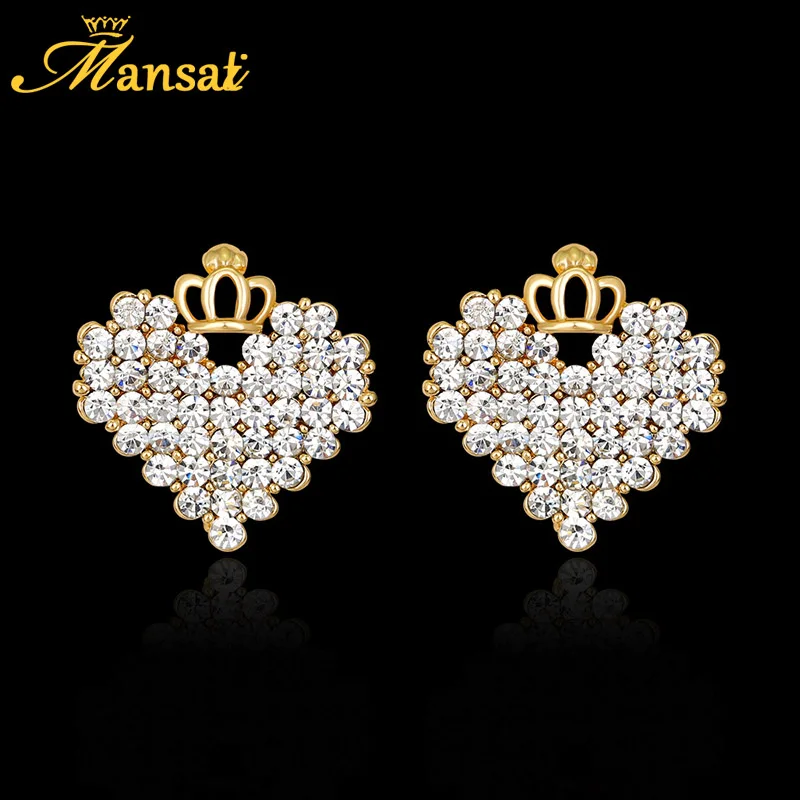 Mansati Роскошный Crystal Любовь Серьги Золотой диадемы сердце Форма гвоздики для Для